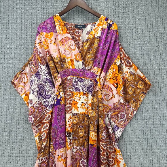 Aakaa Maxi Dress Womens Size S Multicolor Patchwork Kimono Sleeves V-Neck - Picture 3 of 8